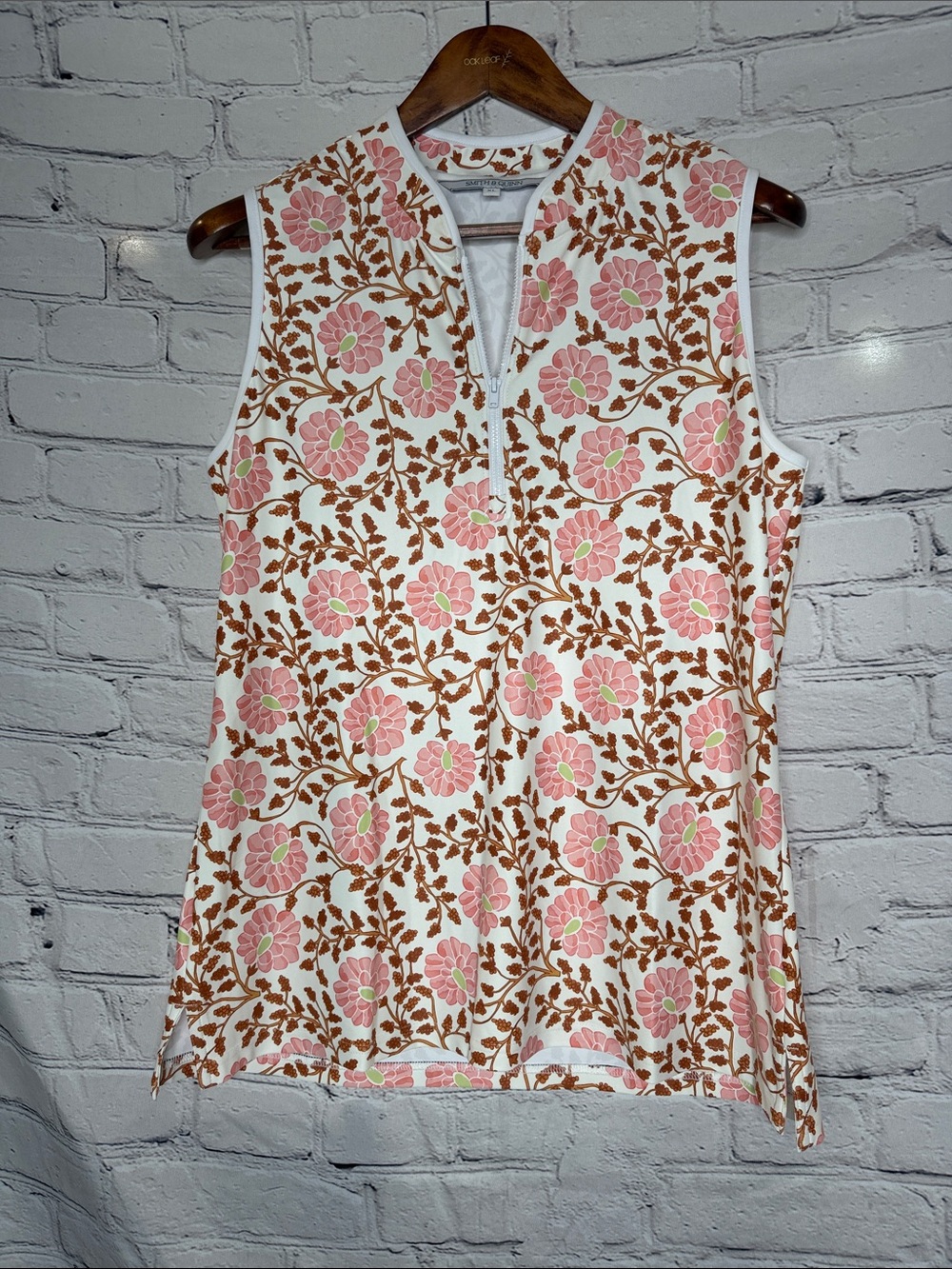 Smith & Quinn Floral Sleeveless Zip Mock Neck Top - Pink & Brown on White